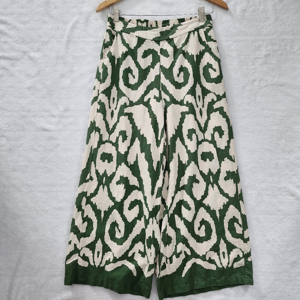 Rachel Zoe Green and Cream Wide-Leg Cropped Pants